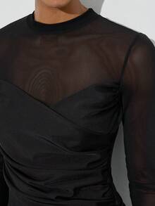 Maija Women's Black Patchwork Fabric Fitted High Neck Top, Urban Chic - Black - View 4