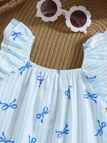 Baby Girl Summer Cute Blue & White Striped Bow Ruffle Trim Romper - Mint Blue - View 3