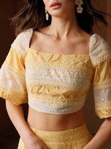 Anewsta Women's New Spring Summer Vacation Style White Yellow Patchwork Textured Embroidered Puff Sleeve Versatile Square Neck Top Golf - Multicolor - View 4