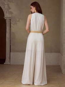 MOTF PREMIUM WOMEN'S SLEEVELESS COTTON LINEN BLEND JUMPSUIT, CASUAL, DATE, VACATION - Beige - View 3