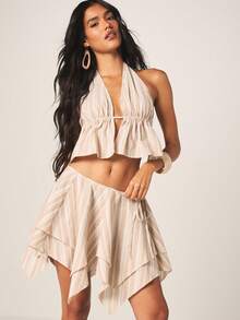 MISSGUIDED Beige Striped Halter Neck Crop Top With Asymmetric Ruffle Skirt Two Piece Summer Outfit Set - Khaki - View 6