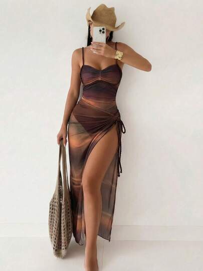 Bonvoyette Women's Sexy Ombre Digital Print One-Piece Swimsuit With Braided Strap, Paired With Ombre Mesh Skirt, Premium Swimwear Set For Beach Vacation, Spring/Summer/Autumn Mesh Two Piece Set See Through Dress