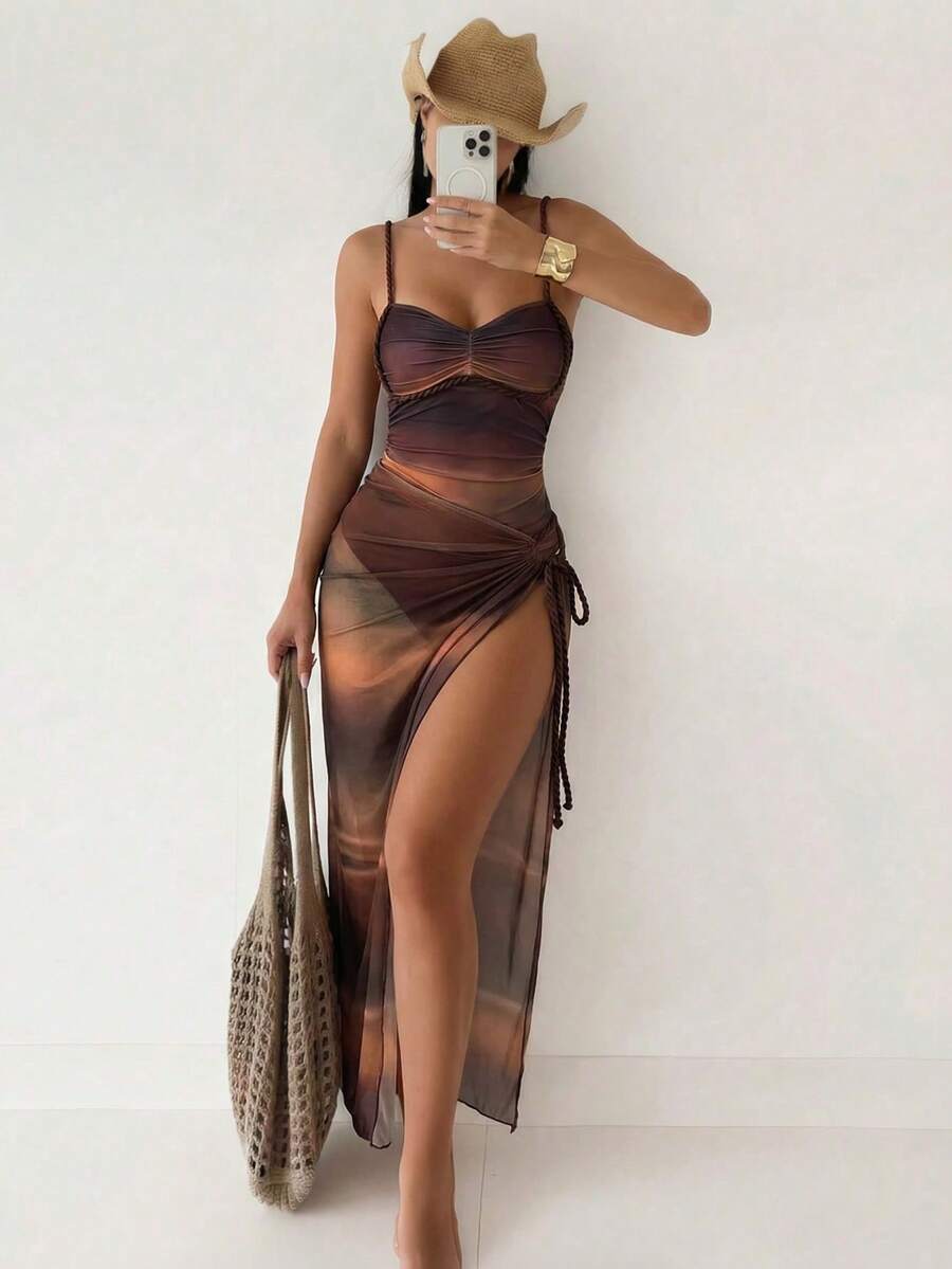 Bonvoyette 女士性感渐变数码印花连体泳衣，配编织肩带和渐变网纱裙，高级泳装套装，适合海滩度假，春夏秋季皆宜。 - 棕色 - 查看 1