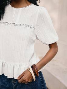 Poéselle White Round Neck Casual Versatile Puff Short Sleeve Top, Lace Hollow Out Summer Top, Lightweight Casual French-Style Top - White - View 8