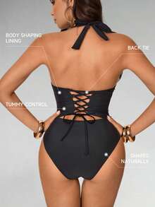 Shapewave Women's Lace Patchwork Halter Tie Strap One-Piece Swimsuit, Beach Vacation - Black - View 2