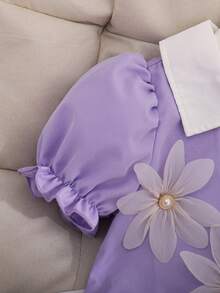 Neues Frühjahrs-/Sommerkleid mit schwarzem Kragen und Kurzarm für große Mädchen, dekoriert mit 5 dimensionalen Blumen auf der Brust, die einen kindlichen Charme und Niedlichkeit verleihen, insgesamt süßer und eleganter Stil, A-Linien Rock Design schafft Dynamik und Lebendigkeit, geeignet für tägliche Ausflüge, Aufführungen, Zusammenkünfte usw. - Mauve - Übersicht 6