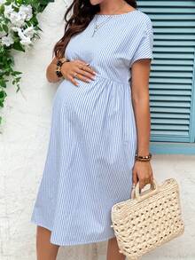 SHEIN 孕妇条纹印花圆领短袖连衣裙 - 藍白色 - 查看 6