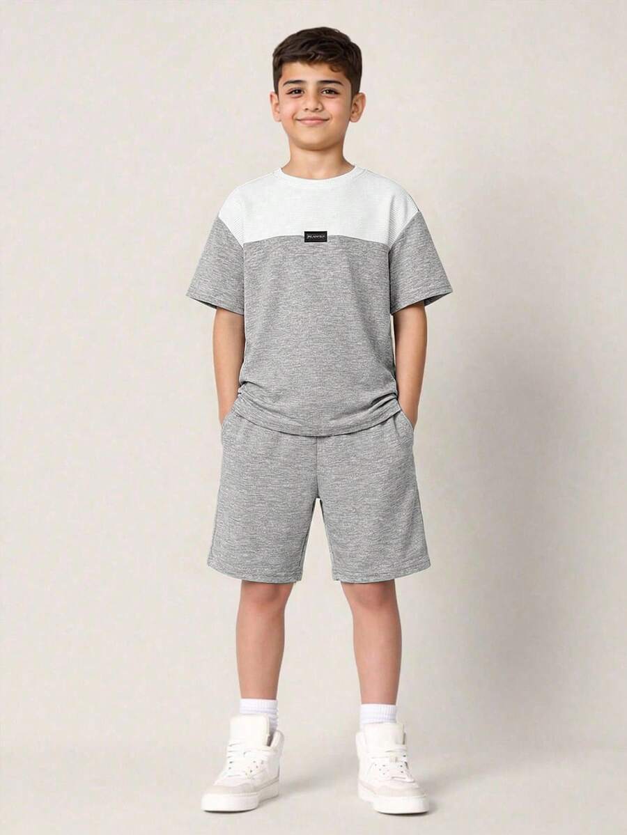2pcs/Set Tween Boy Color Block Round Neck Short Sleeve T-Shirt And Shorts Set,White Summer Casual Vacation Outfit,School Daily Casual Wear Sports - Grey - View 1
