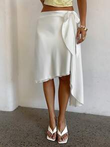 Aloruh Women's New Elegant Sexy Romantic Fashionable Minimalist Sexy Modern Wedding Guest Party Vacation Asymmetrical Hem Tie-Waist Skirt, Summer - White - View 7