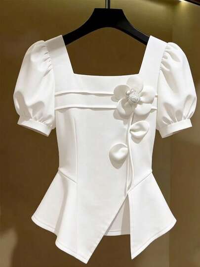Franclia 女士新款白色方领花瓣袖收腰上衣，花卉装饰短袖衬衫，不对称下摆优雅小码衬衫