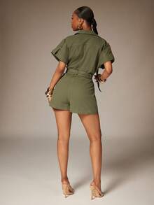 Denimoi Low Neck Belted Twill Romper Brunch Outfits Sexy Rompers Vacation Outfits - Olive Green - View 4