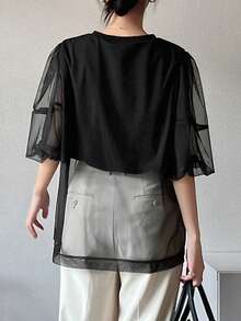 FRIFUL Women's Summer Casual Commuting Mesh Patchwork T-Shirt - Black - View 2