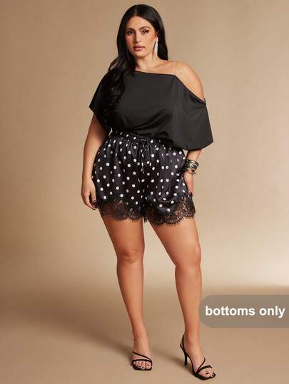 SHEIN BAE 大码女式黑色波点情人节短裤，蕾丝拼接缎面连衣裙