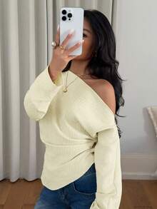 Siren Gaze Women's Solid Color Ruched Asymmetrical Shoulder Casual Versatile Long Sleeve Top One Shoulder Top - Light Yellow - View 3