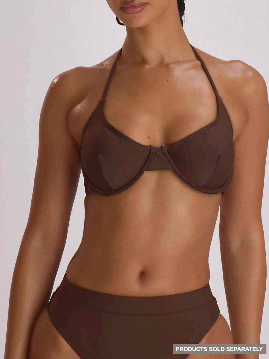 Musera Resort 钢圈罩杯系带挂脖泳衣度假夏季旅行沙滩装基础款纯色泳装度假核心款 - 巧克力棕 - 查看 1