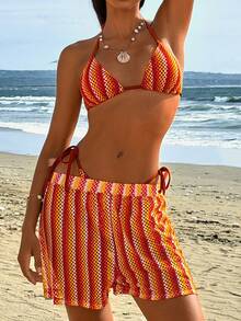 Swim Vcay-D 女士春夏提花面料挂脖三件套比基尼套装 - 彩色 - 查看 7