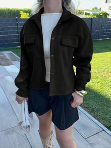 Jeta Ari 秋冬款落肩翻盖纽扣前襟大衣 - 黑色 - 查看 3