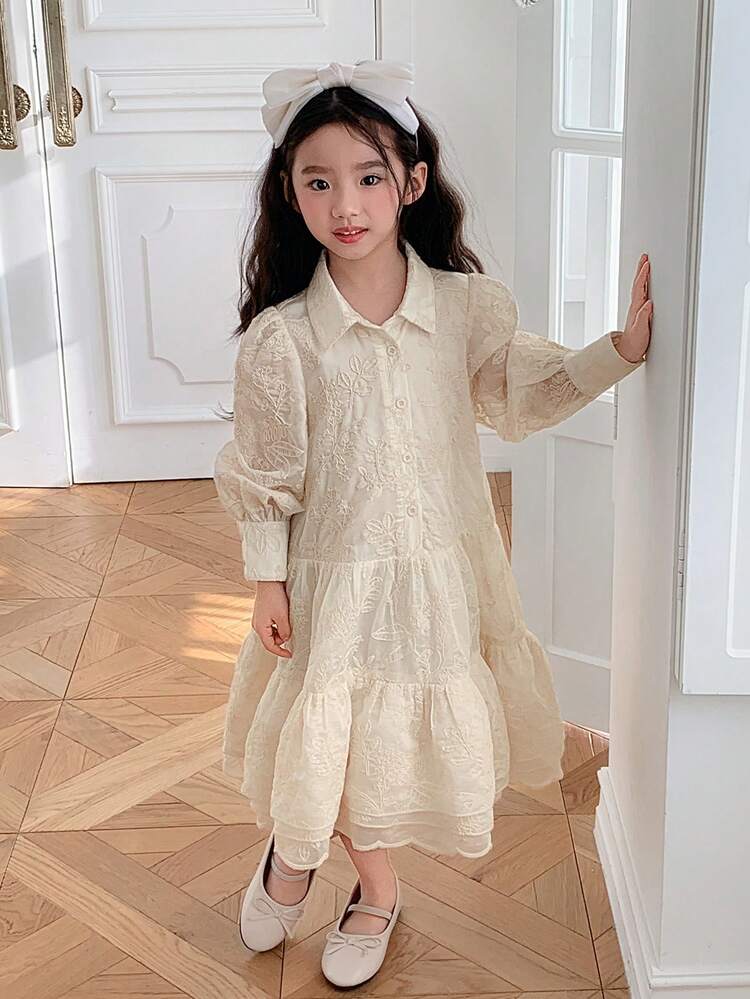 Young Girl Elegant Solid Color Embroidered Ruffle Hem Dress