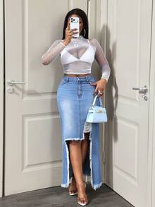 BamGleam 牛仔女郎风蓝色牛仔毛边性感迷你裙，春季女装 - 中等水洗藍 - 查看 7