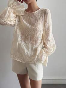 DAZY Women's Round Neck Semi-Sheer Lace Flare Sleeve Blouse - Apricot - View 4
