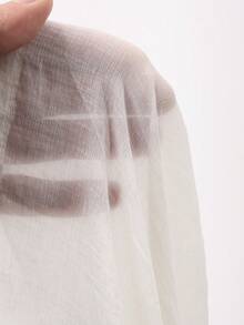 DAZY Women's Turndown Collar Long Sleeve Semi-Sheer Cinched Waist Loose Vacation Blouse - White - View 7