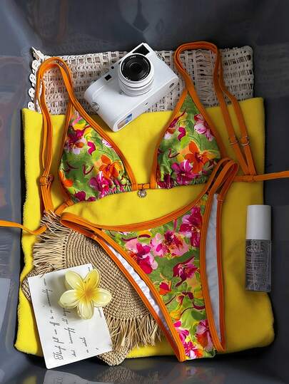 Swim Vcay Women's Swimsuit Set With Adjustable Straps And Floral Print, Fashionable Casual Vacation 2-Piece, Suitable For Spring, Summer, Autumn And Winter