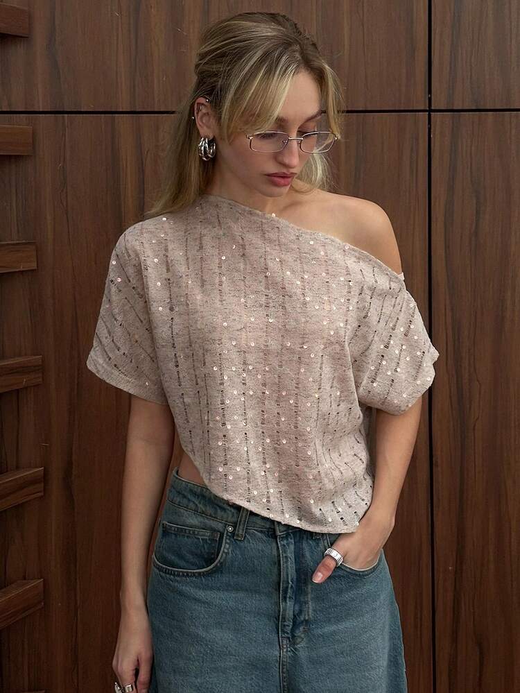 Shiny Valentine's Day, Wedding, Banquet, Ball Gown, Fashion Party, Elegant Loose Asymmetrical Shoulder Short T-Shirt, Spring & Summer