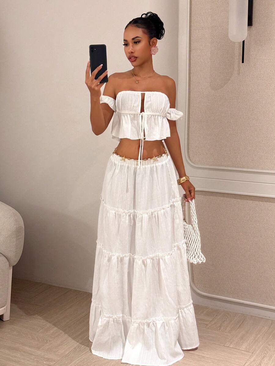 Slaydiva 春夏度假海滩法式甜美可爱约会套装 - 露肩荷叶边上衣和系腰荷叶边长裙 - 白色女士度假套装 - A - 白色 - 查看 1