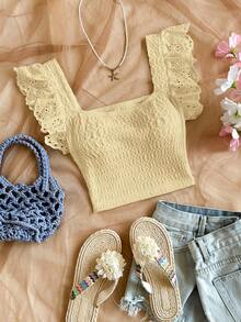 Soleia Áo croptop dệt kim xếp ly, viền hoa thanh lịch dành cho nữ, thích hợp mặc đi nghỉ mát. - Màu vàng - Xem 4