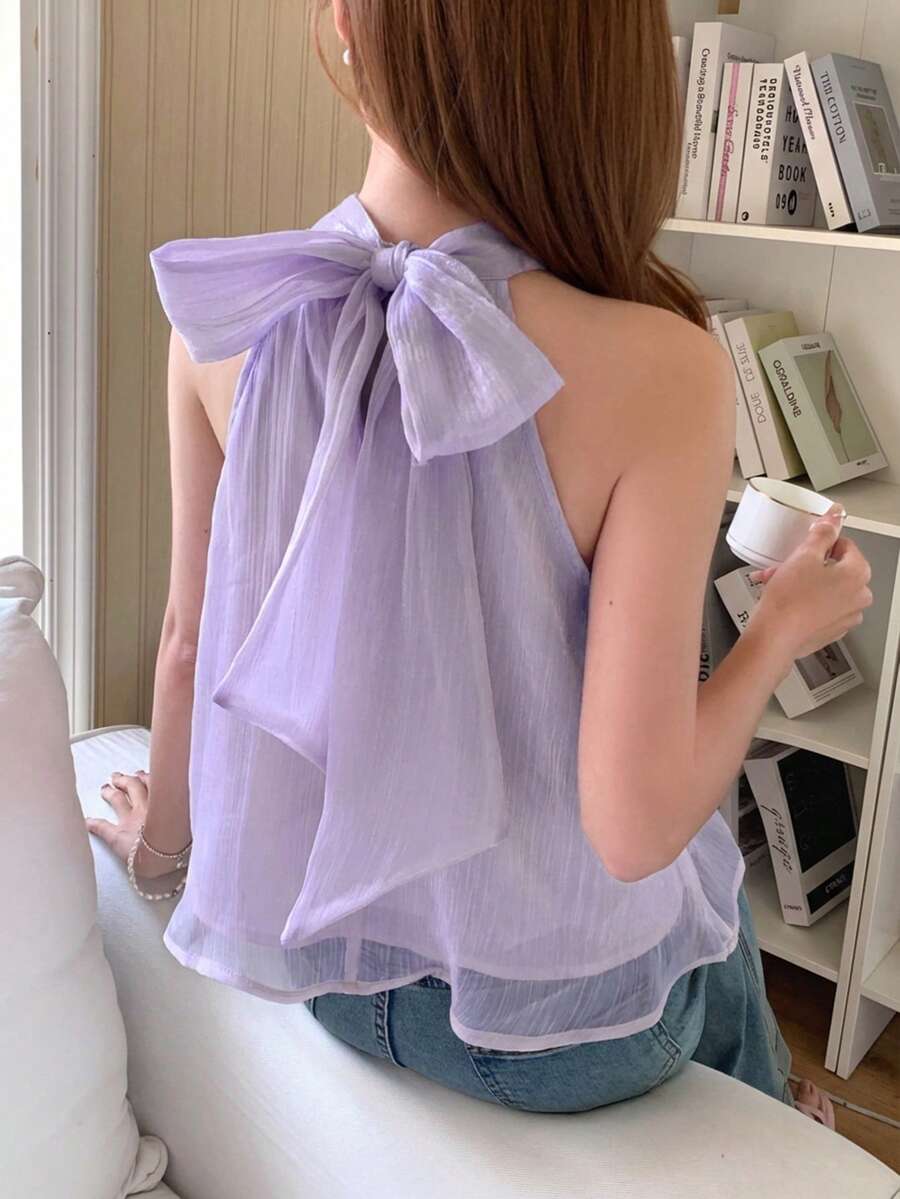 SHEIN Áo kiểu cổ yếm bằng chiffon màu tím thanh lịch dành cho thiếu nữ, áo kiểu cổ yếm trang trí nơ kiểu sinh viên. - Màu tím - Xem 1