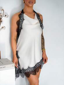 SAYEHFBABY 女士性感沙滩度假缎面蕾丝垂褶露背上衣，夏季 - 白色 - 查看 4