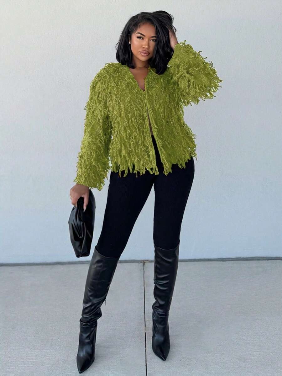 Alexandranx Solid Open Front Fuzzy Cardigan,Long Sleeve Tops Fall Winter Cloth For Women - Olive Green - View 1