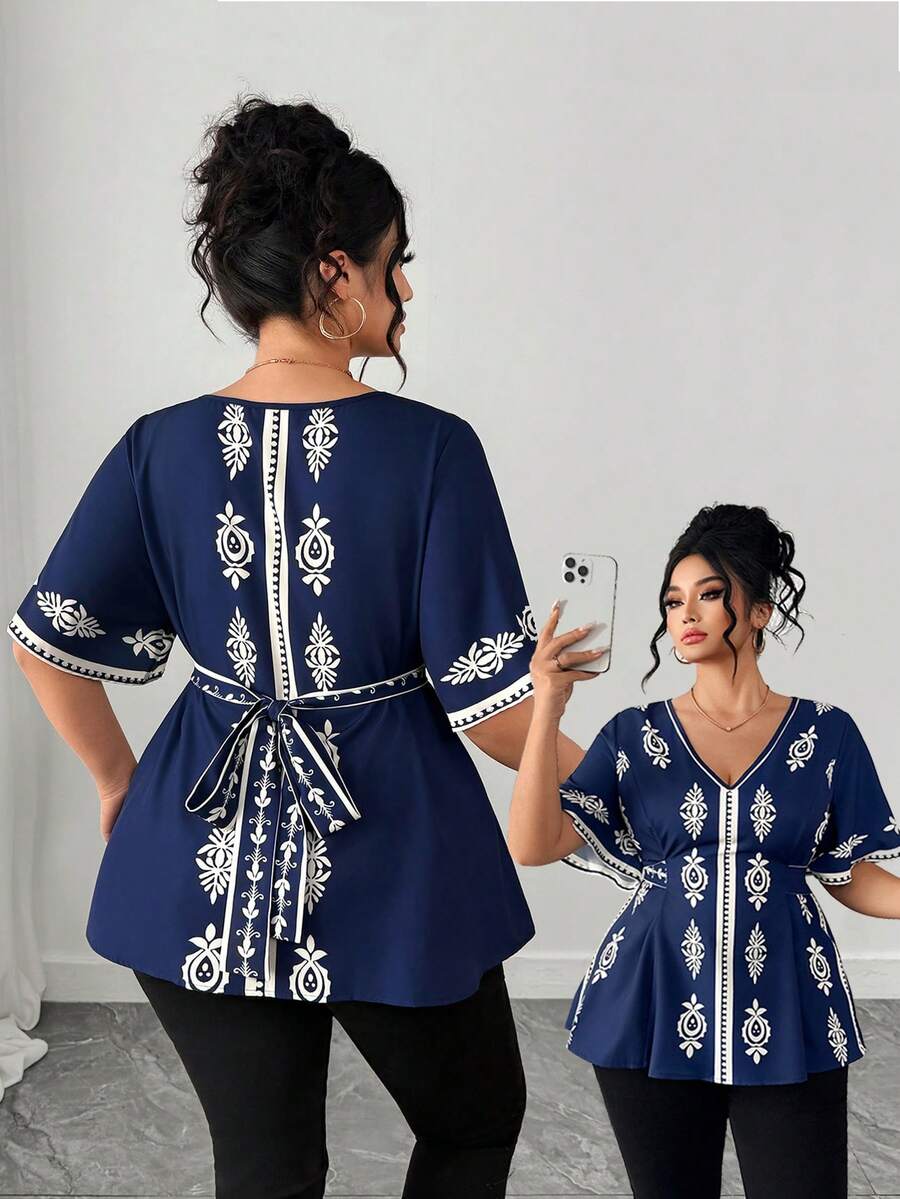 Elenzga Áo kiểu nữ cỡ lớn cổ chữ V thắt nơ, họa tiết retro. - Màu xanh hải quân - Xem 1