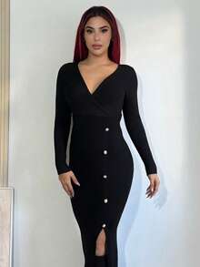 Bearsaez Women's V-Neck Waisted Sweater Dress, Christmas - Black - View 6