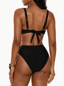 Oceva Bộ bikini thời trang nữ, màu đen trơn, hở lưng, buộc dây, thích hợp cho kỳ nghỉ biển. - màu đen - Xem 2