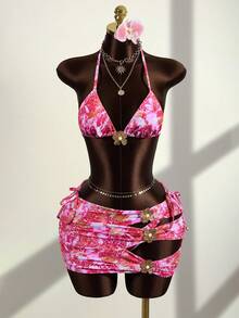 Zestiva 3pcs Women's Leopard & Floral Print Halter Backless Bikini Set,Swimwear Skirt,White Floral,Summer,Casual,Pool Party,Vacation,Holiday Bathing Suit - Multicolor - View 3