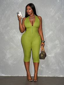 Slaydiva Bộ jumpsuit nữ cỡ lớn màu xanh bơ mới, không tay, cổ yếm buộc dây, cổ chữ V sâu, thiết kế khoét một phần, chất liệu vải dệt kim co giãn cao, dành cho mùa xuân/hè. - màu xanh lá - Xem 4