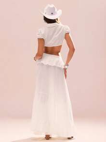 TypaGal 女士时尚性感蕾丝边饰短袖露脐衬衫 - 白色 - 查看 3