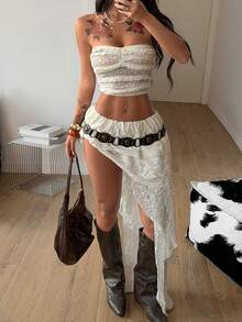 Coolane 女士春季街头休闲波西米亚风度假装扮 Y2K 纹理荷叶边不对称长裙 - 杏色 - 查看 4