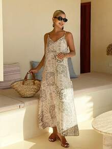 Livesso Geometric Print Bohemian Casual Vacation Beach Elegant Commute Loose Spaghetti Strap Dress For Women, Spring & Summer - Apricot - View 1