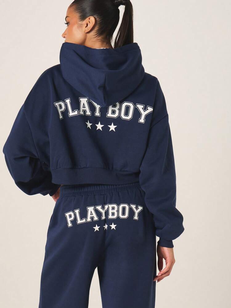 Missguided x Playboy Oversized Crop Zip Up Hoodie With Centre Pocket And Drawstring Hood Relaxed Fit Varsity Style