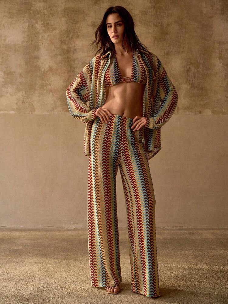 RELAXED LOOSE KNIT TEXTURED MULTI-COLOR CONTRAST COLOR VACATION COVER UP COAT