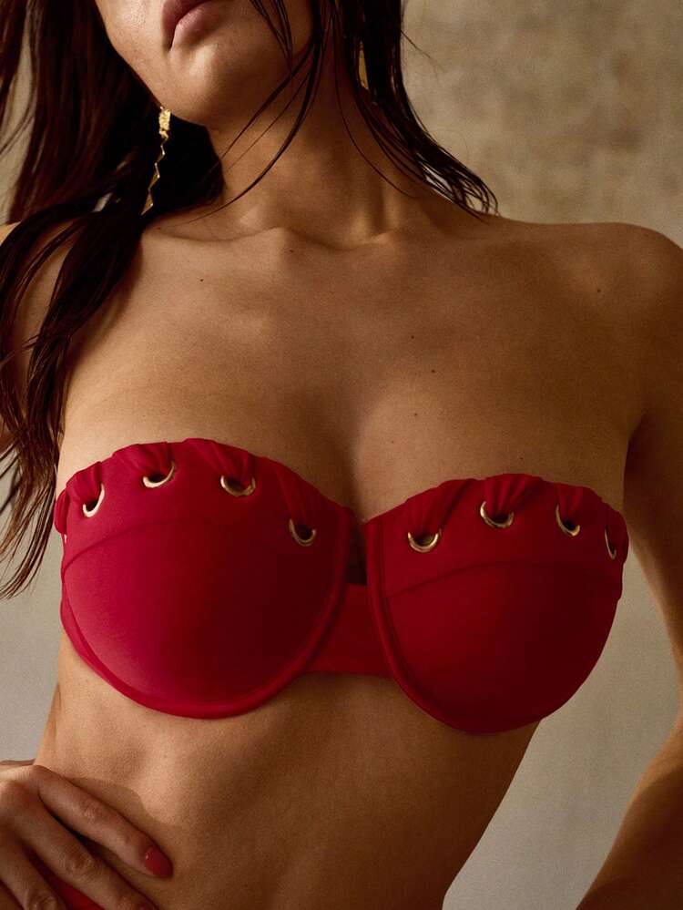 HANDMADE WOVEN METAL EYELET DECOR ELEGANT PUSH-UP RED WOMEN'S BEACH BIKINI SWIMSUIT SET