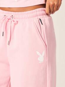 Missguided x Playboy Women's Pink Wide Leg Joggers With Drawstring Waist And Brand Logo Text For Casual Lounge Wear - Pink - View 6