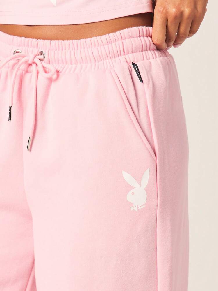 Missguided x Playboy Women's Pink Wide Leg Joggers With Drawstring Waist And Brand Logo Text For Casual Lounge Wear