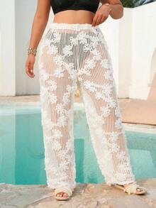 Swim Chiccia Plus Size Women Loose Floral Pattern Beach Pants - Beige - View 3