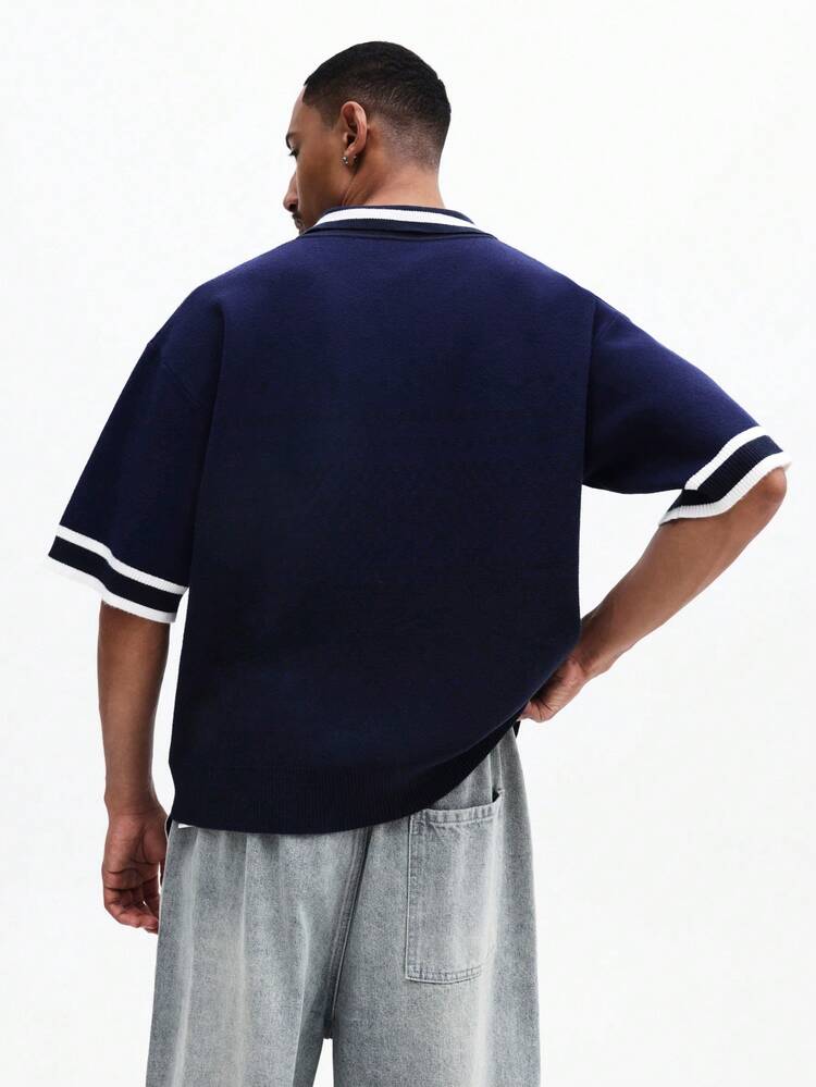 Navy Knitted Polo With Number Print