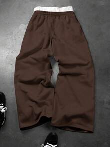 PAVTROS Quần thể thao nam in chữ, cạp quần phối màu tương phản, kiểu dáng thường ngày. - màu nâu - Xem 2