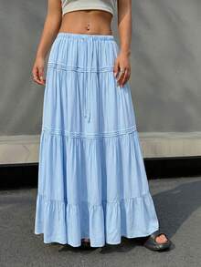 SHEIN EZwear 女士纯色荷叶边休闲半身裙，百搭夏季单品，女士休闲荷叶边长款宽松超低腰蓝色粘胶纯色半身裙，适合春秋季日常休闲穿着 - 藍色 - 查看 4