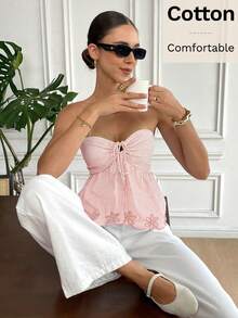 Serisse Áo ống nữ kiểu dáng thường ngày, in họa tiết sọc và thêu. - Màu Hồng baby - Xem 5